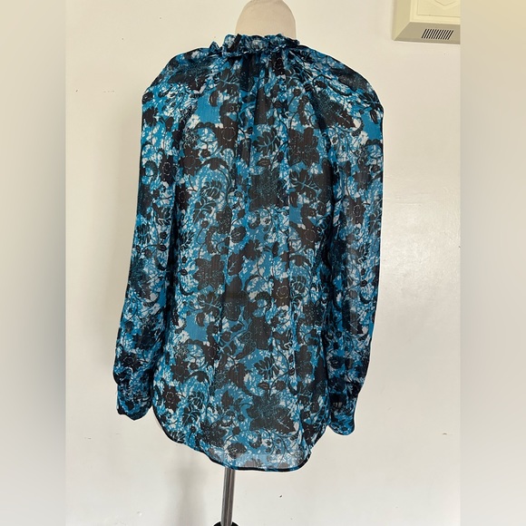 Anthropologie Chiffon Blouse Blue Floral Long Sleeve V-Neck size S - Picture 5 of 12